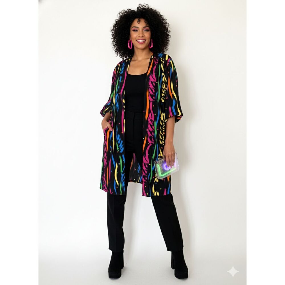 VTG Oscar de la Renta 80s Neon Striped Unlined Avant Garde Open Cardigan Sz L